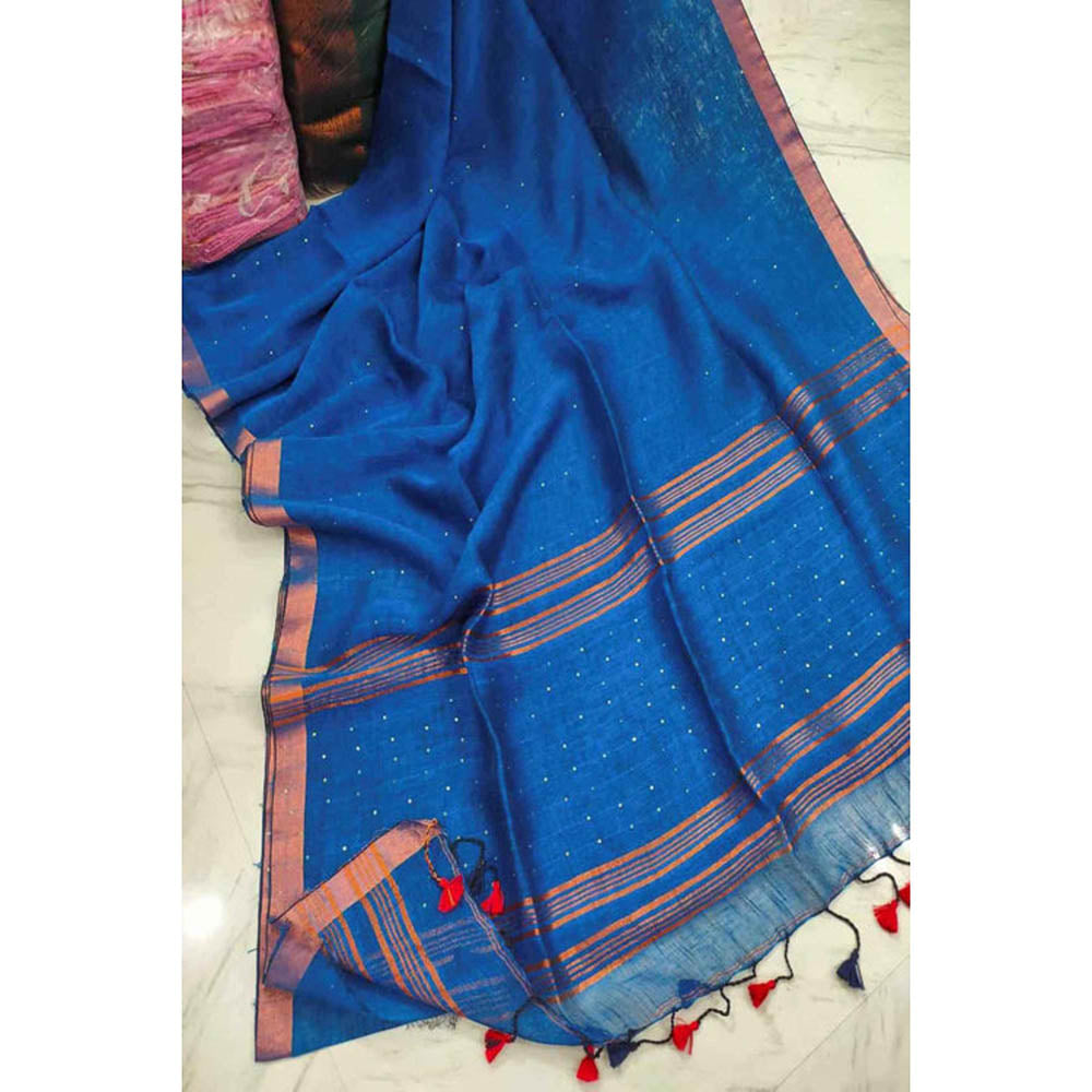 Isadora Life Womens Woven Sequined Blue Pre-Draped Saree With Unstitched Blouse