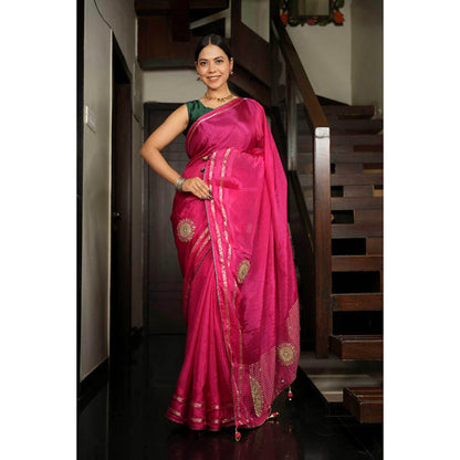 Isadora Life Womens Embroidered Gota Pink Pre-Draped Saree With Unstitched Blouse