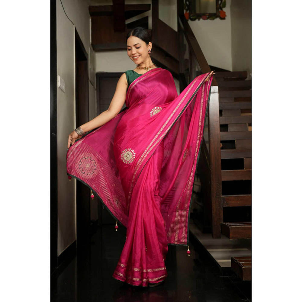 Isadora Life Womens Embroidered Gota Pink Pre-Draped Saree With Unstitched Blouse