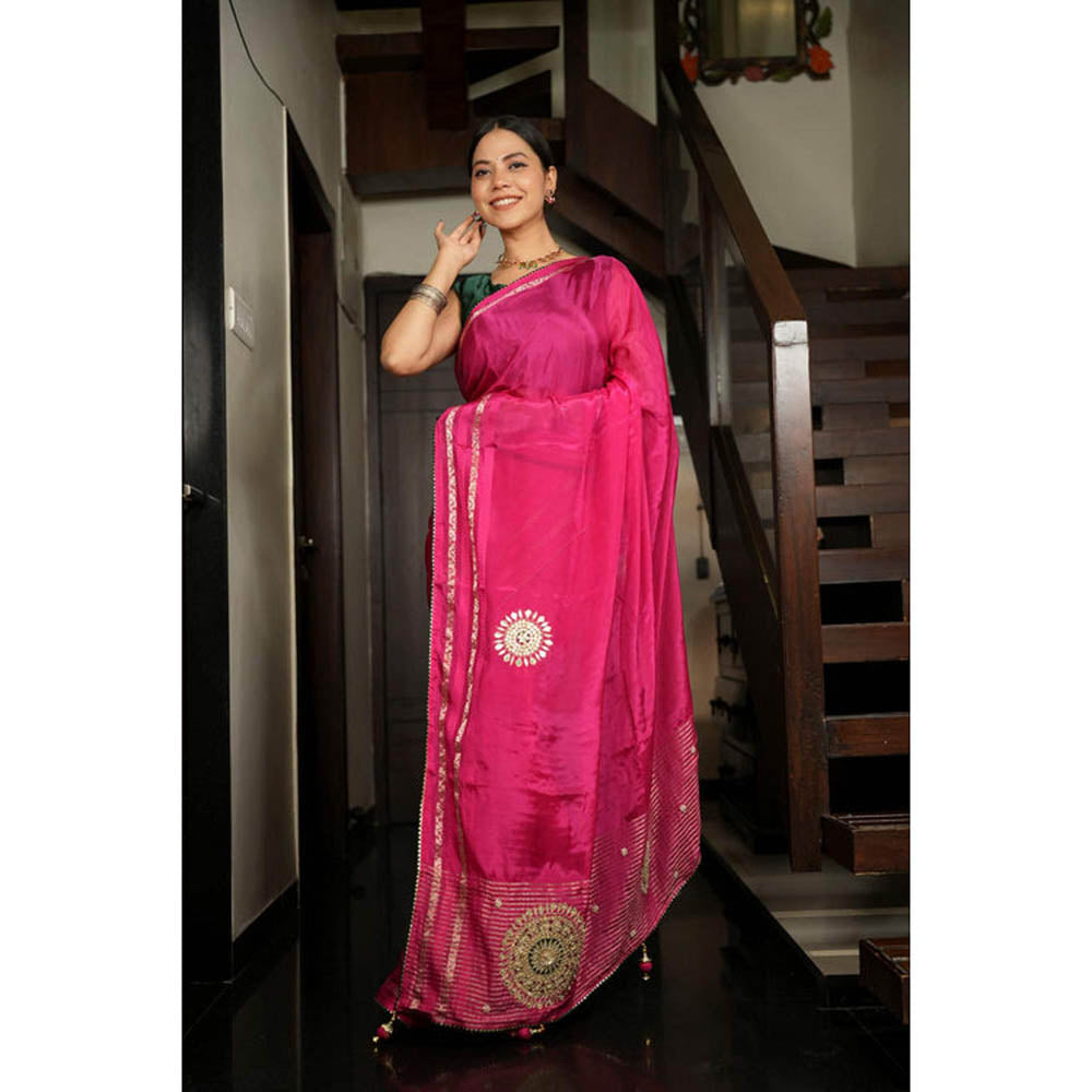 Isadora Life Womens Embroidered Gota Pink Pre-Draped Saree With Unstitched Blouse