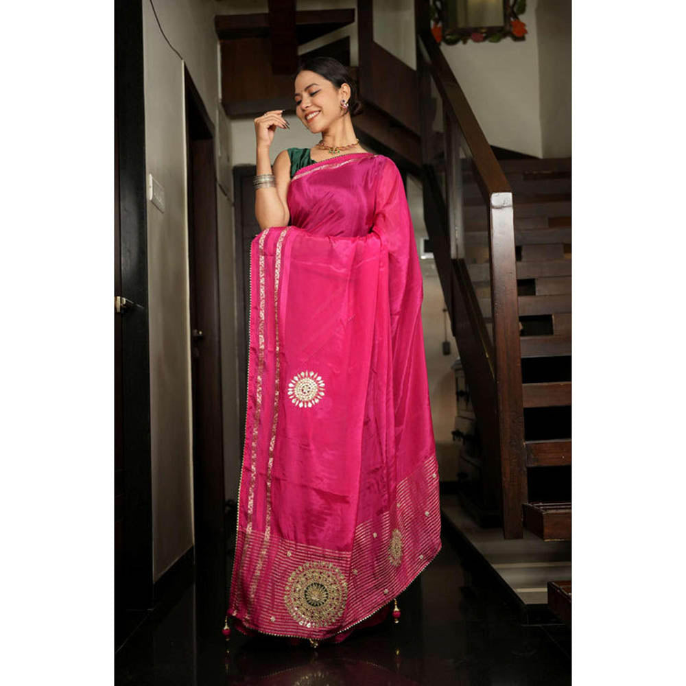 Isadora Life Womens Embroidered Gota Pink Pre-Draped Saree With Unstitched Blouse