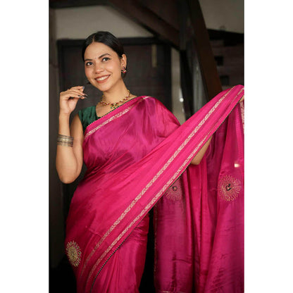 Isadora Life Womens Embroidered Gota Pink Pre-Draped Saree With Unstitched Blouse