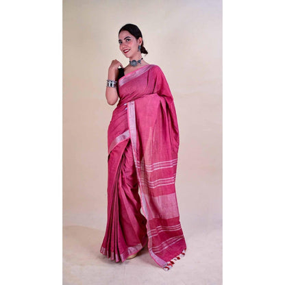 Isadora Life Womens Woven Tassels Pink Pre-Draped Saree With Unstitched Blouse