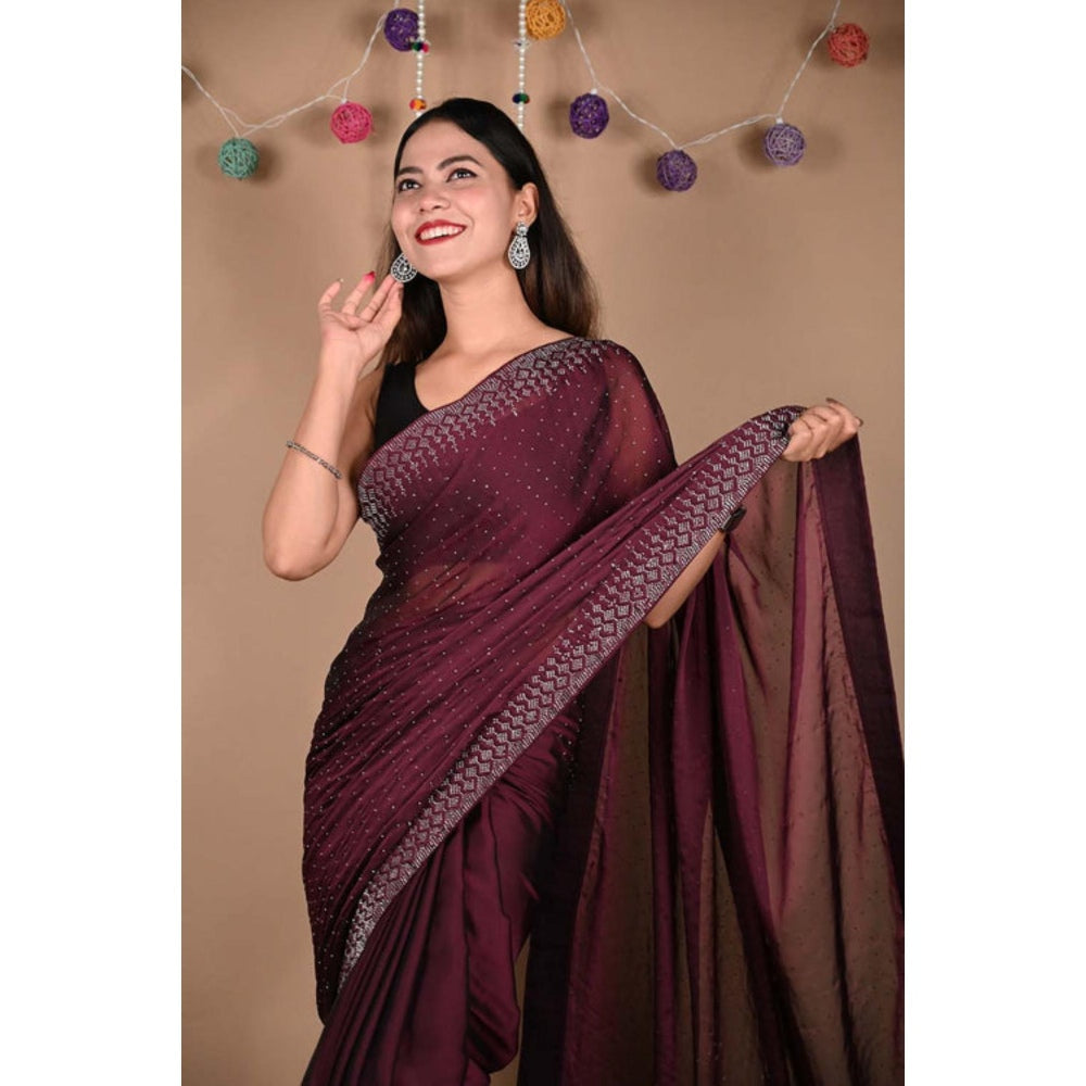 Isadora Life Womens Sequined Wine Pre-Draped Saree With Unstitched Blouse