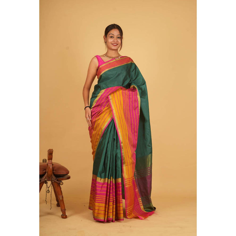 Isadora Life Womens Printed Stripes Green Pre-Draped Saree With Unstitched Blouse