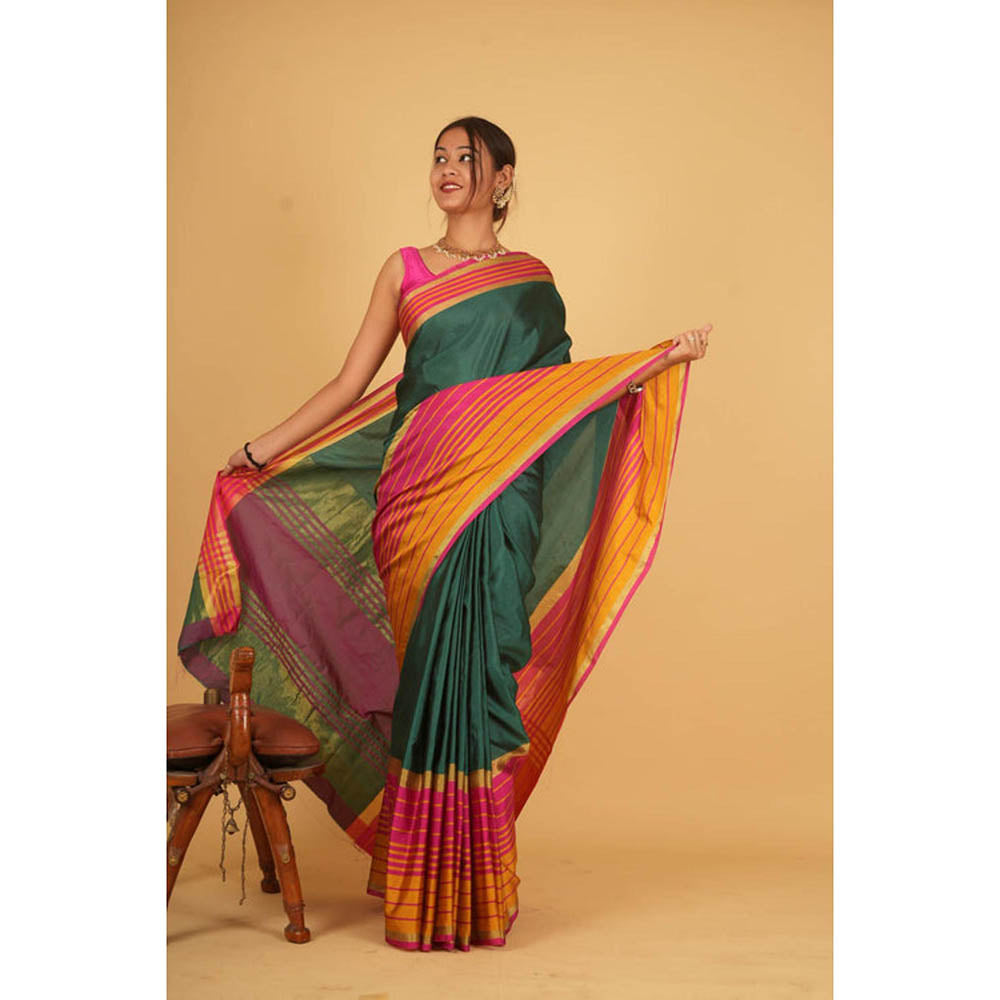 Isadora Life Womens Printed Stripes Green Pre-Draped Saree With Unstitched Blouse
