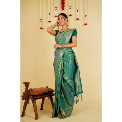 Isadora Life Womens Woven Tassels Green Pre-Draped Saree With Unstitched Blouse