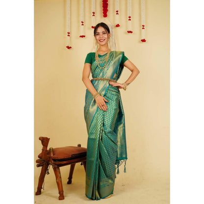 Isadora Life Womens Woven Tassels Green Pre-Draped Saree With Unstitched Blouse