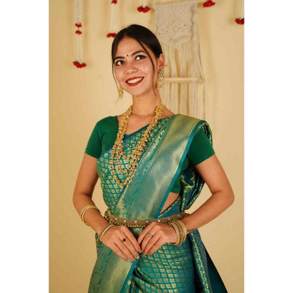 Isadora Life Womens Woven Tassels Green Pre-Draped Saree With Unstitched Blouse