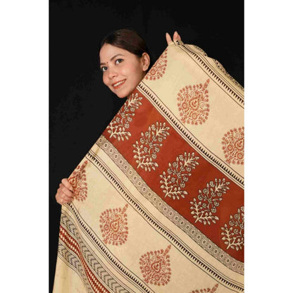 Isadora Life Womens Block Print Maroon Pre-Draped Saree With Unstitched Blouse