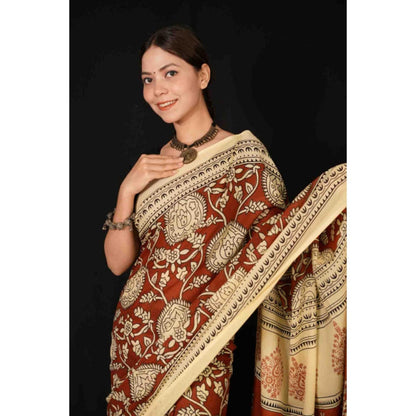 Isadora Life Womens Block Print Maroon Pre-Draped Saree With Unstitched Blouse