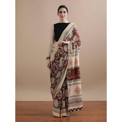 Isadora Life Womens Block Print Maroon Pre-Draped Saree With Unstitched Blouse
