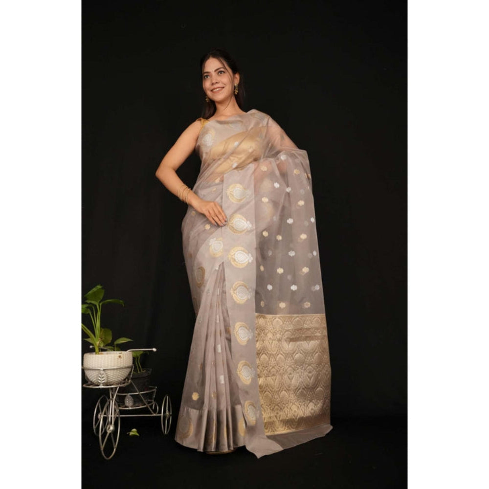 Isadora Life Womens Woven Zari Beige Pre-Draped Saree With Unstitched Blouse