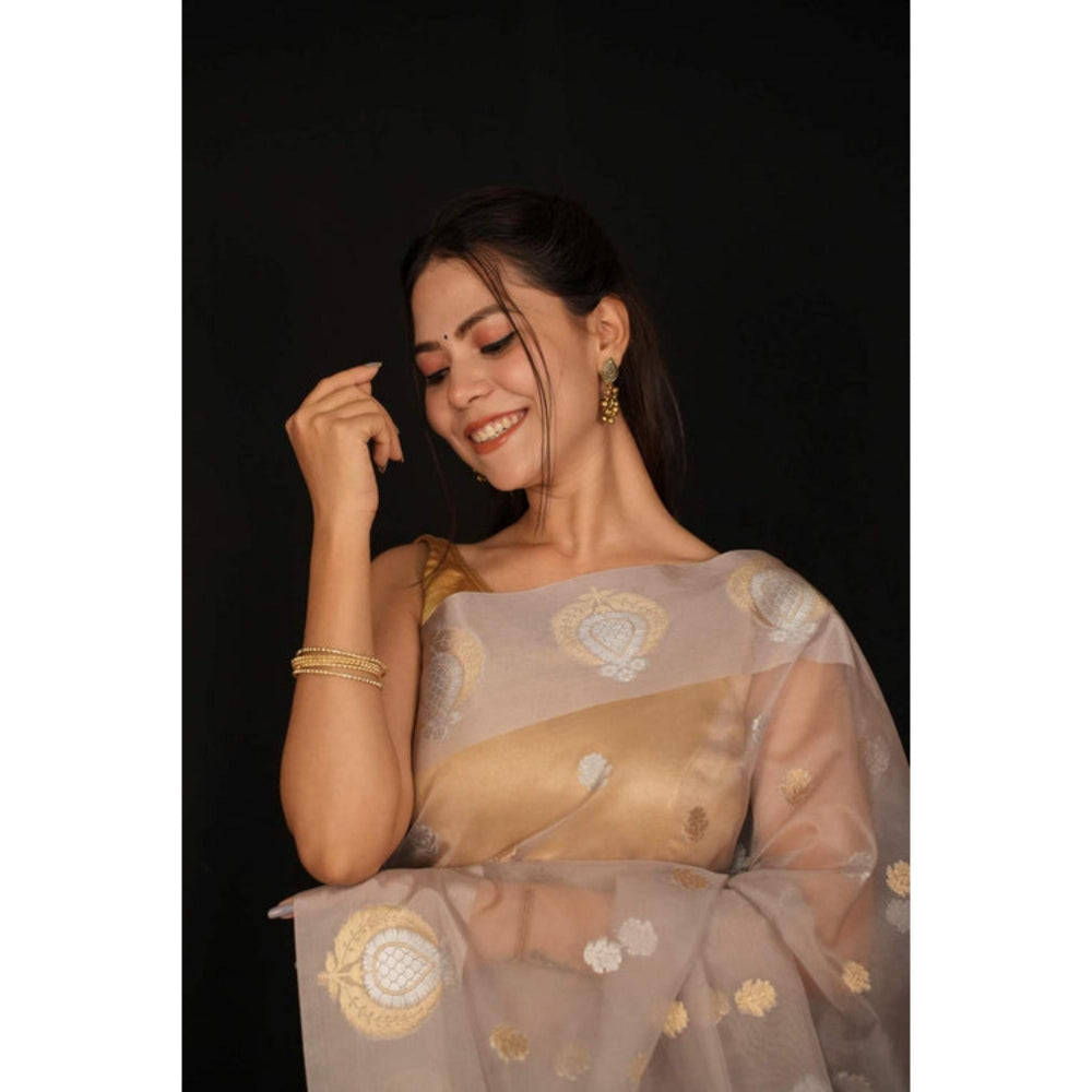 Isadora Life Womens Woven Zari Beige Pre-Draped Saree With Unstitched Blouse