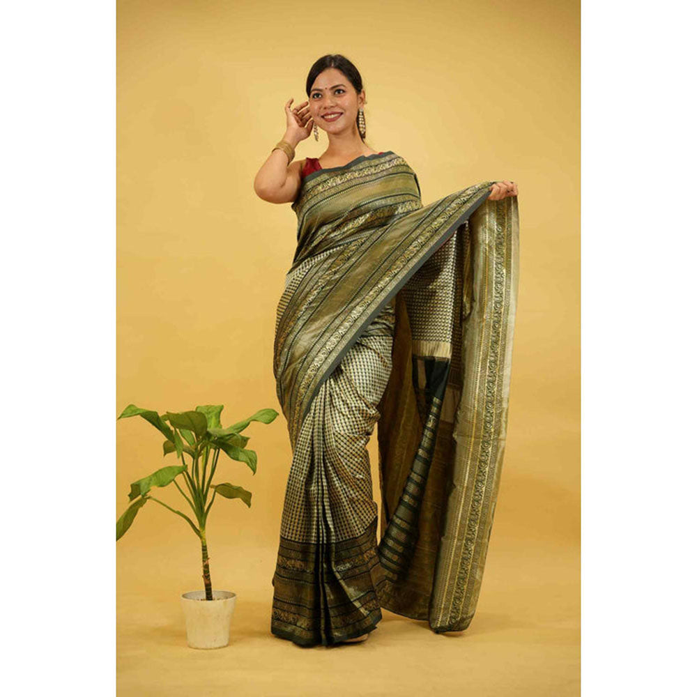 Isadora Life Womens Checks Zari Green Pre-Draped Saree With Unstitched Blouse