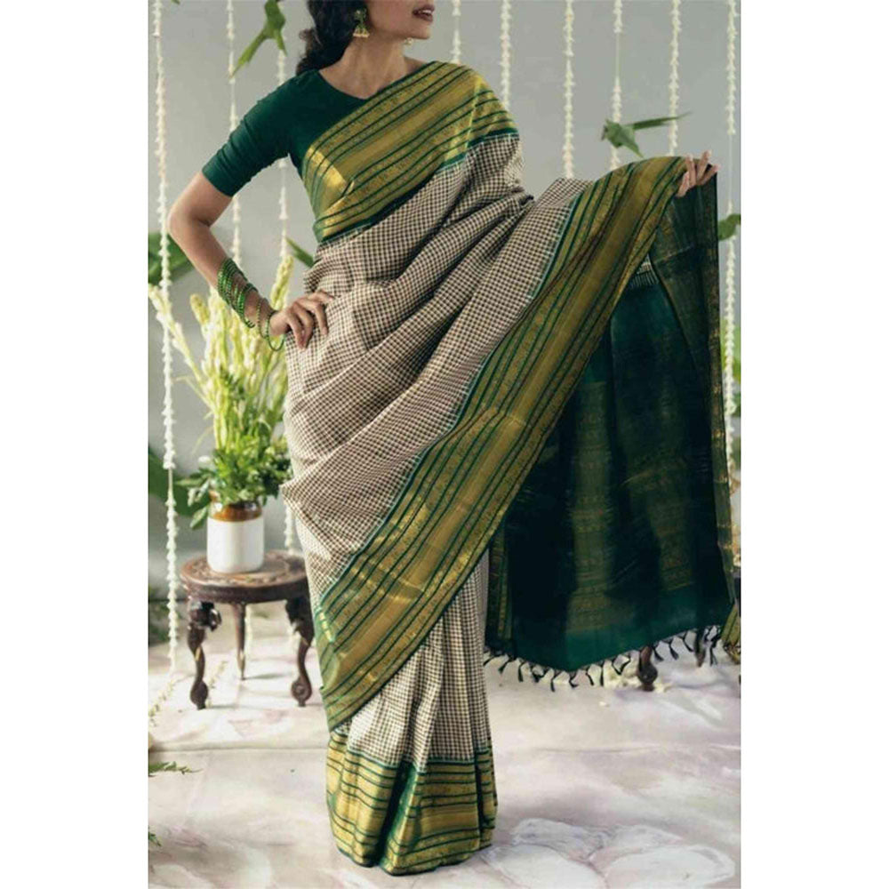 Isadora Life Womens Checks Zari Green Pre-Draped Saree With Unstitched Blouse