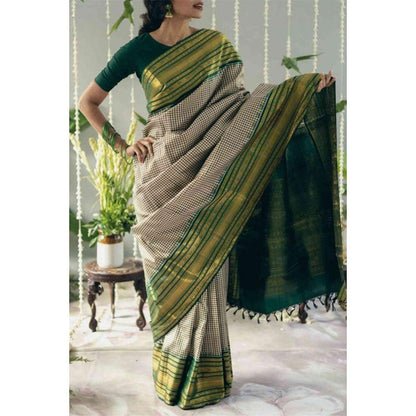 Isadora Life Womens Checks Zari Green Pre-Draped Saree With Unstitched Blouse