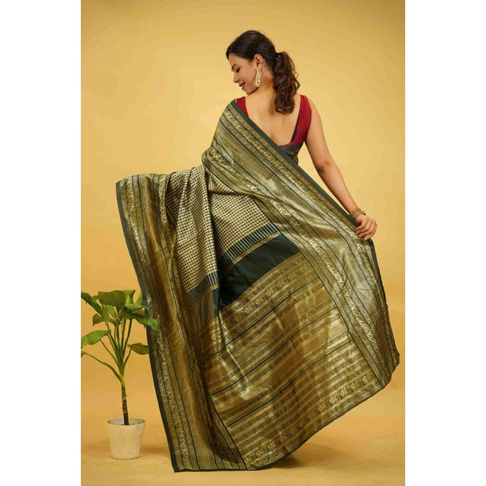 Isadora Life Womens Checks Zari Green Pre-Draped Saree With Unstitched Blouse