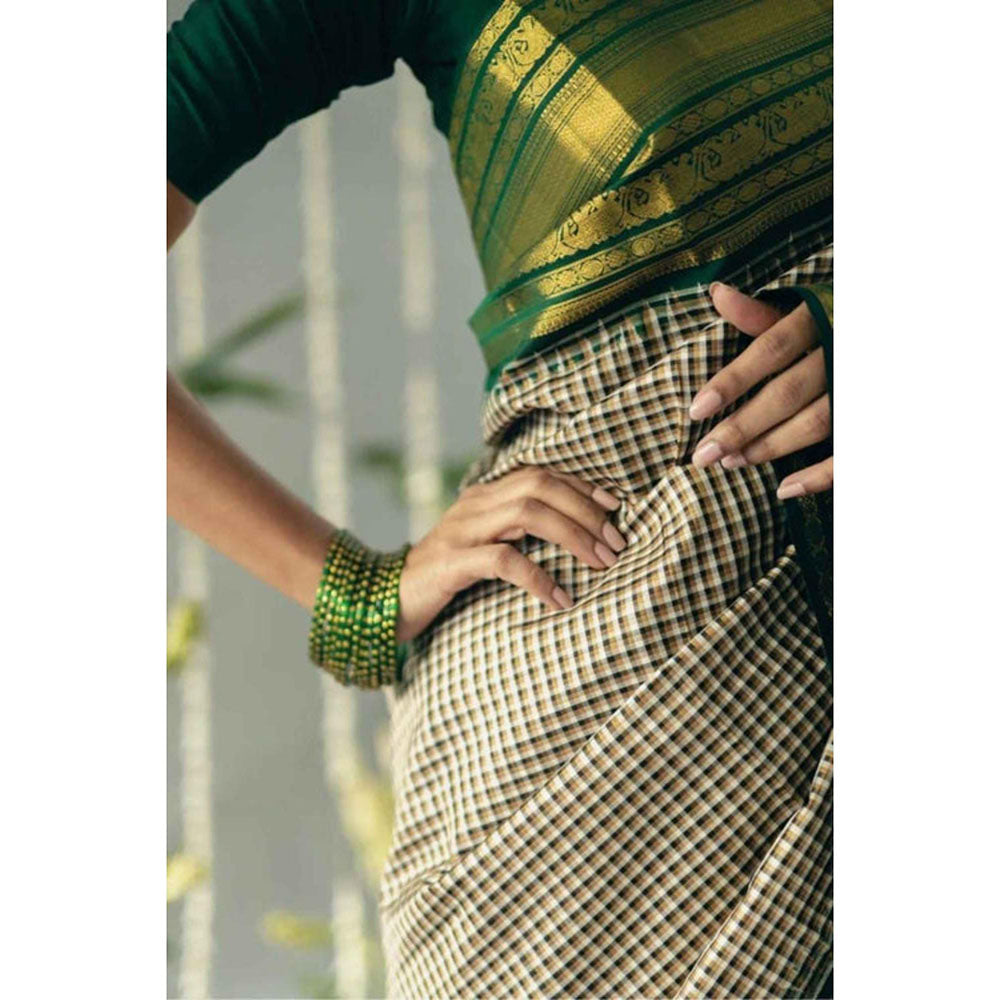 Isadora Life Womens Checks Zari Green Pre-Draped Saree With Unstitched Blouse