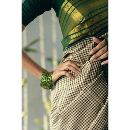 Isadora Life Womens Checks Zari Green Pre-Draped Saree With Unstitched Blouse