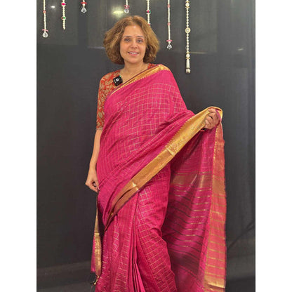 Isadora Life Womens Checks Zari Pink Pre-Draped Saree With Unstitched Blouse