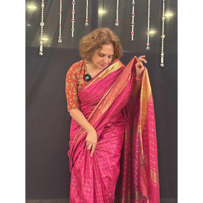 Isadora Life Womens Checks Zari Pink Pre-Draped Saree With Unstitched Blouse
