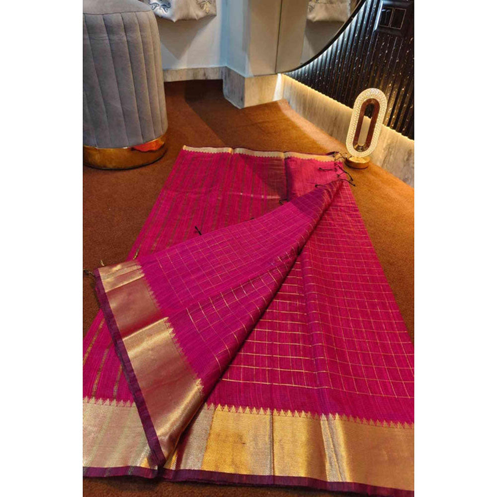 Isadora Life Womens Checks Zari Pink Pre-Draped Saree With Unstitched Blouse