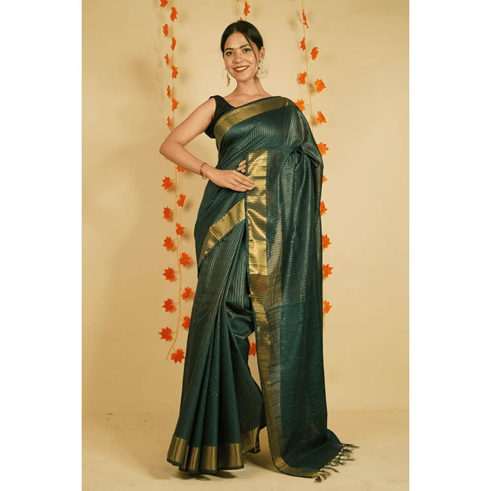 Isadora Life Womens Stripes Zari Green Pre-Draped Saree With Unstitched Blouse
