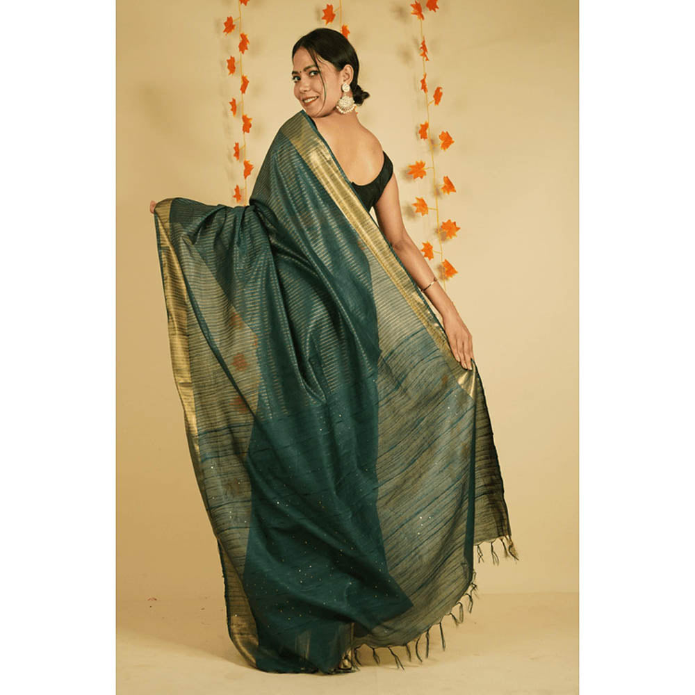 Isadora Life Womens Stripes Zari Green Pre-Draped Saree With Unstitched Blouse