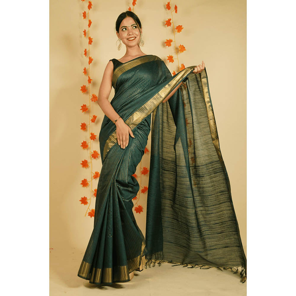 Isadora Life Womens Stripes Zari Green Pre-Draped Saree With Unstitched Blouse