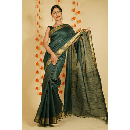 Isadora Life Womens Stripes Zari Green Pre-Draped Saree With Unstitched Blouse
