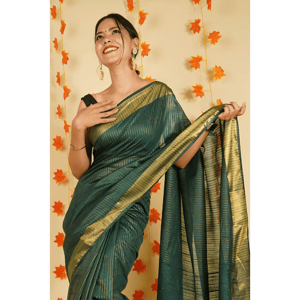 Isadora Life Womens Stripes Zari Green Pre-Draped Saree With Unstitched Blouse