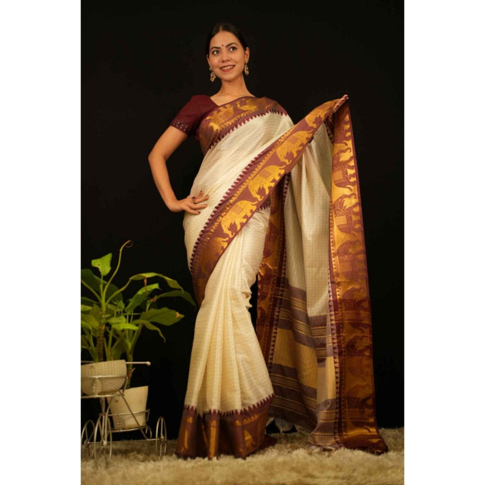 Isadora Life Womens Checks Zari Ivory Pre-Draped Saree With Unstitched Blouse