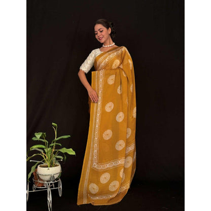 Isadora Life Womens Block Print Mustard Pre-Draped Saree With Unstitched Blouse
