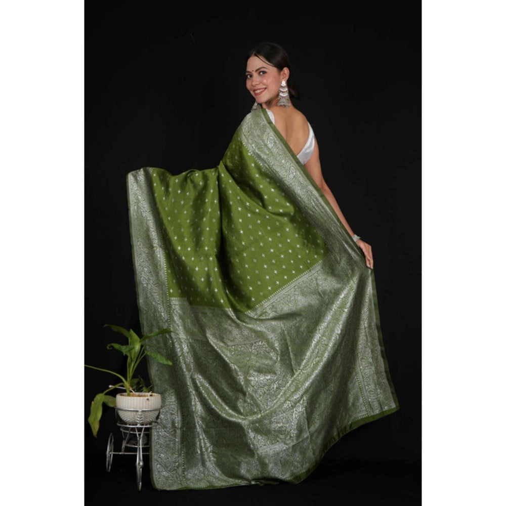 Isadora Life Womens Woven Zari Green Pre-Draped Saree With Unstitched Blouse