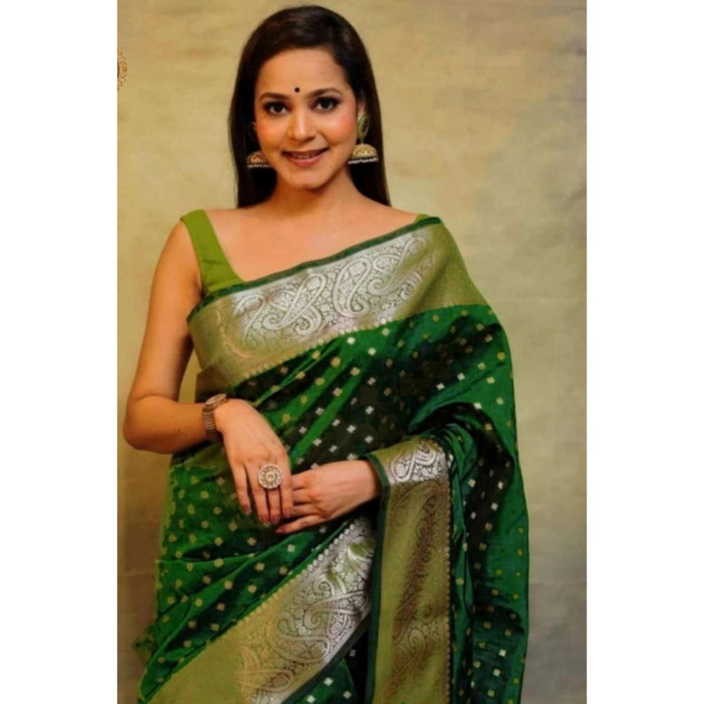 Isadora Life Womens Woven Zari Green Pre-Draped Saree With Unstitched Blouse
