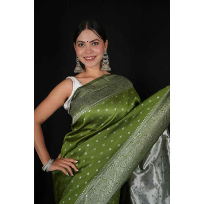 Isadora Life Womens Woven Zari Green Pre-Draped Saree With Unstitched Blouse