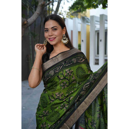 Isadora Life Womens Printed Green Pre-Draped Saree With Unstitched Blouse