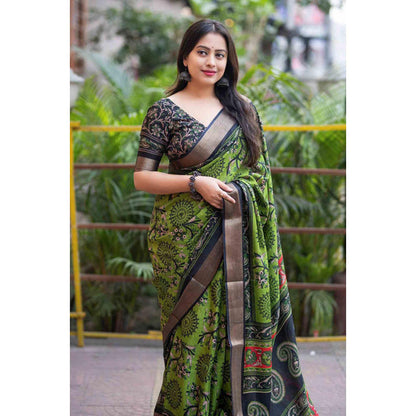Isadora Life Womens Printed Green Pre-Draped Saree With Unstitched Blouse