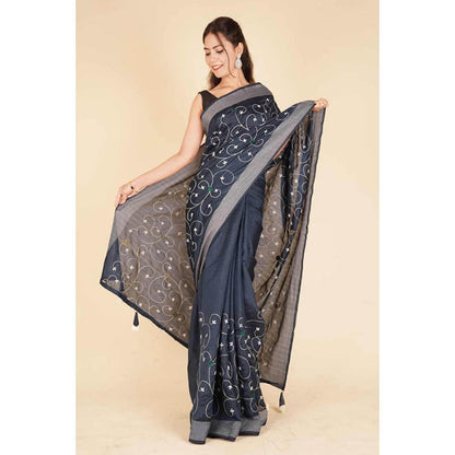 Isadora Life Womens Embroidered Thread Work Grey Pre-Draped Saree With Unstitched Blouse