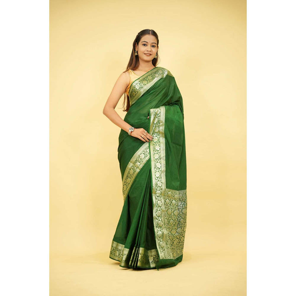Isadora Life Womens Woven Zari Green Pre-Draped Saree With Unstitched Blouse