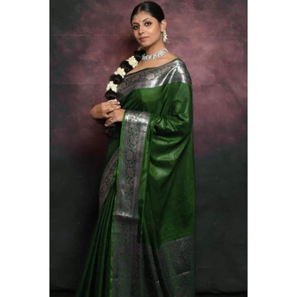 Isadora Life Womens Woven Zari Green Pre-Draped Saree With Unstitched Blouse