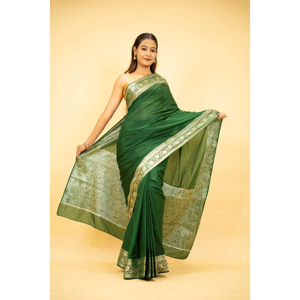 Isadora Life Womens Woven Zari Green Pre-Draped Saree With Unstitched Blouse