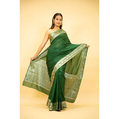 Isadora Life Womens Woven Zari Green Pre-Draped Saree With Unstitched Blouse