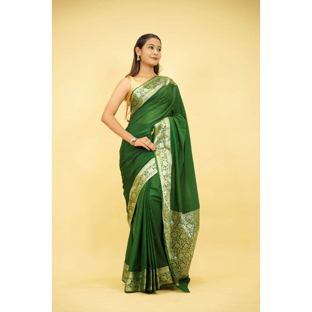 Isadora Life Womens Woven Zari Green Pre-Draped Saree With Unstitched Blouse