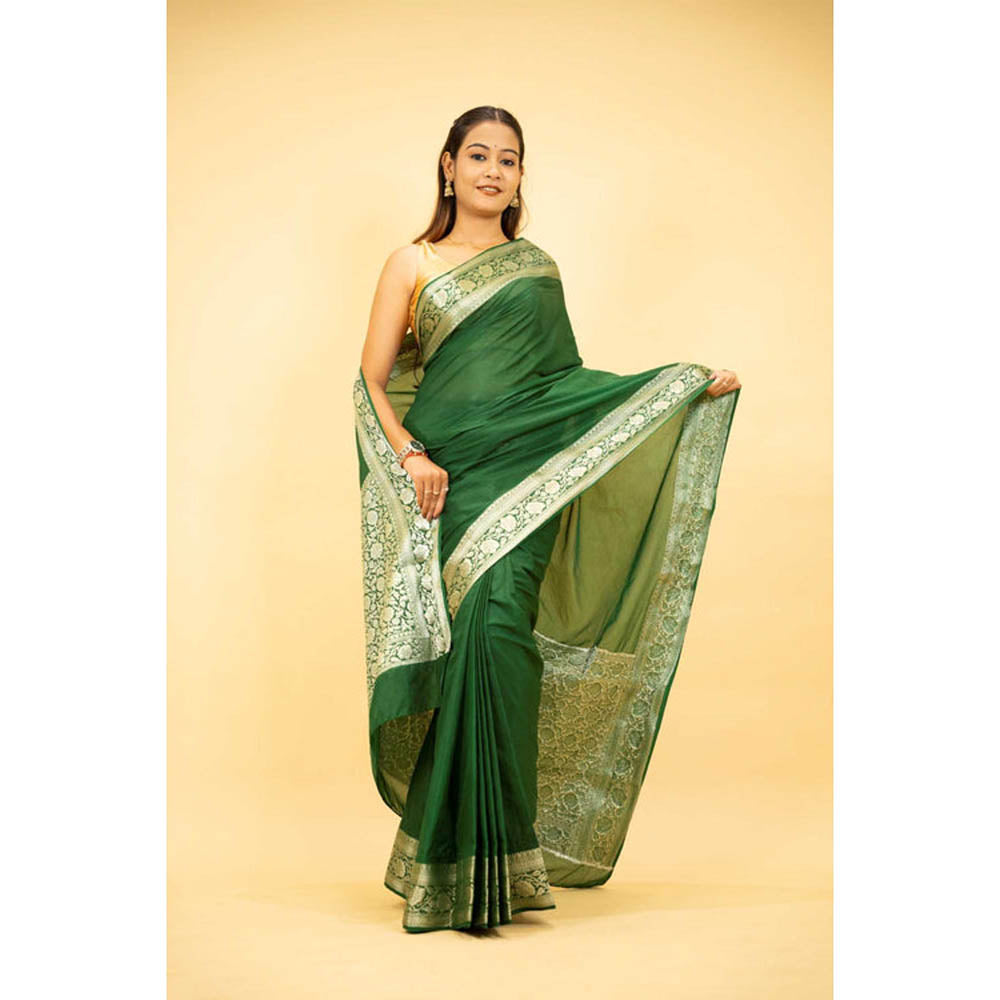 Isadora Life Womens Woven Zari Green Pre-Draped Saree With Unstitched Blouse