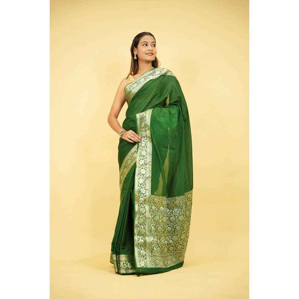 Isadora Life Womens Woven Zari Green Pre-Draped Saree With Unstitched Blouse