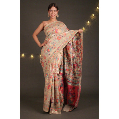 Isadora Life Womens Printed Beige Pre-Draped Saree With Unstitched Blouse