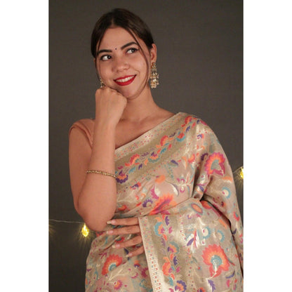 Isadora Life Womens Printed Beige Pre-Draped Saree With Unstitched Blouse
