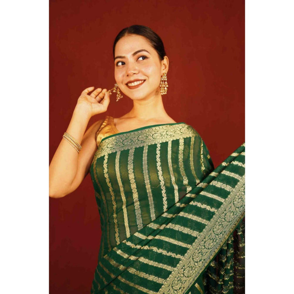 Isadora Life Womens Woven Tassels Green Pre-Draped Saree With Unstitched Blouse